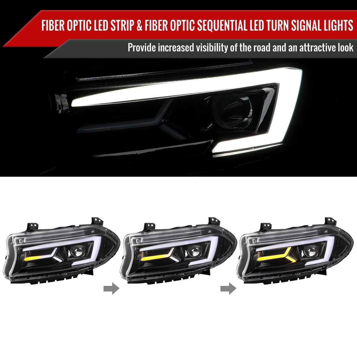 2015-2023 Dodge Charger LD LED Strip Projector Headlights w/ LED Sequential Turn Signal (Jet Black Housing / Clear Lens)