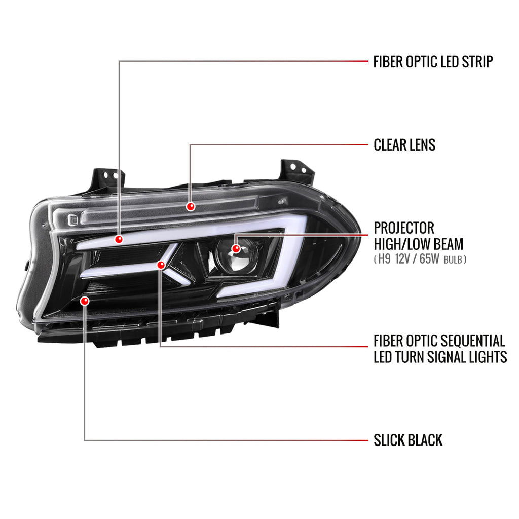 2015-2023 Dodge Charger LD LED Strip Projector Headlights w/ LED Sequential Turn Signal (Jet Black Housing / Clear Lens)