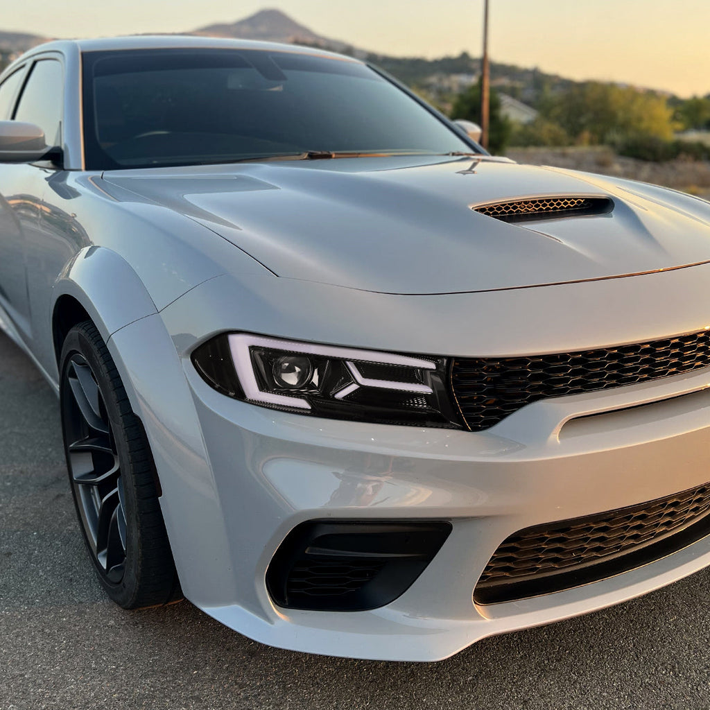 2015-2023 Dodge Charger LD LED Strip Projector Headlights w/ LED Sequential Turn Signal (Jet Black Housing / Clear Lens)