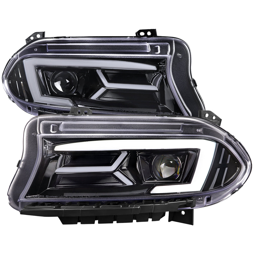 2015-2023 Dodge Charger LD LED Strip Projector Headlights w/ LED Sequential Turn Signal (Jet Black Housing / Clear Lens)