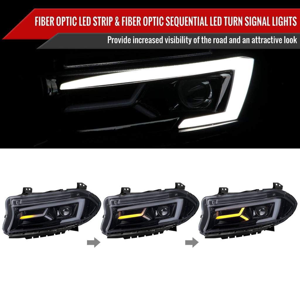 2015-2023 Dodge Charger LD LED Strip Projector Headlights w/ LED Sequential Turn Signal (Chrome Housing / Smoked Lens)