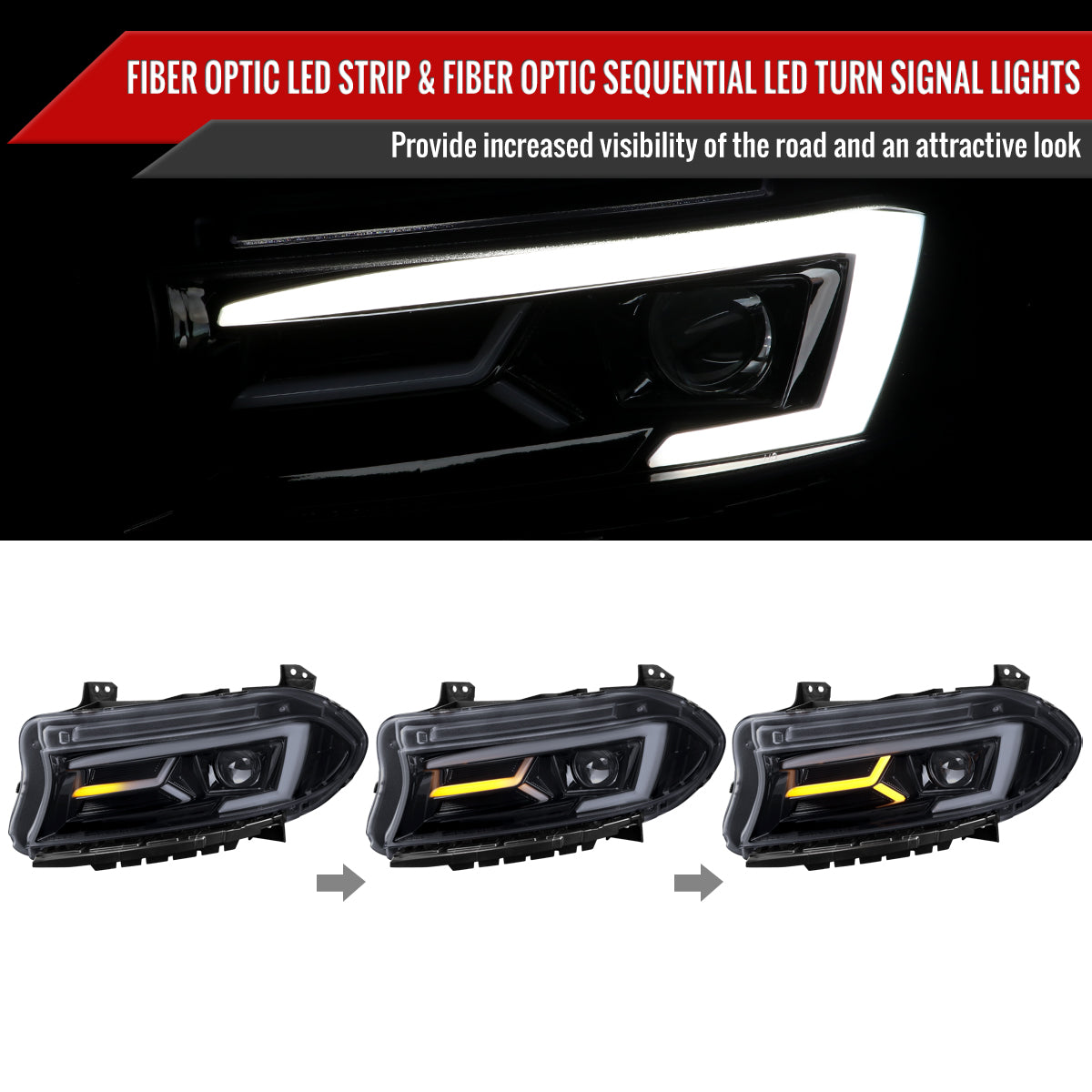 2015-2023 Dodge Charger LD LED Strip Projector Headlights w/ LED Sequential Turn Signal (Chrome Housing / Smoked Lens)