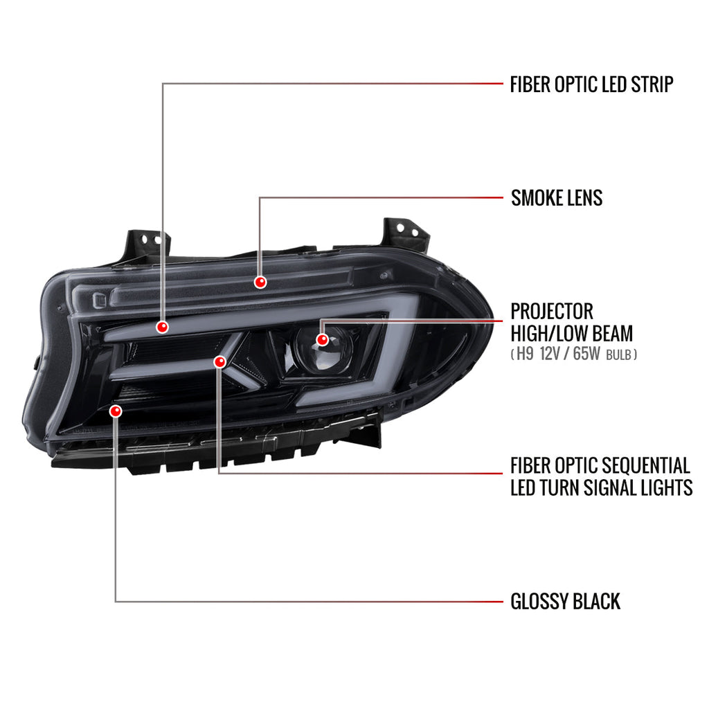 2015-2023 Dodge Charger LD LED Strip Projector Headlights w/ LED Sequential Turn Signal (Chrome Housing / Smoked Lens)