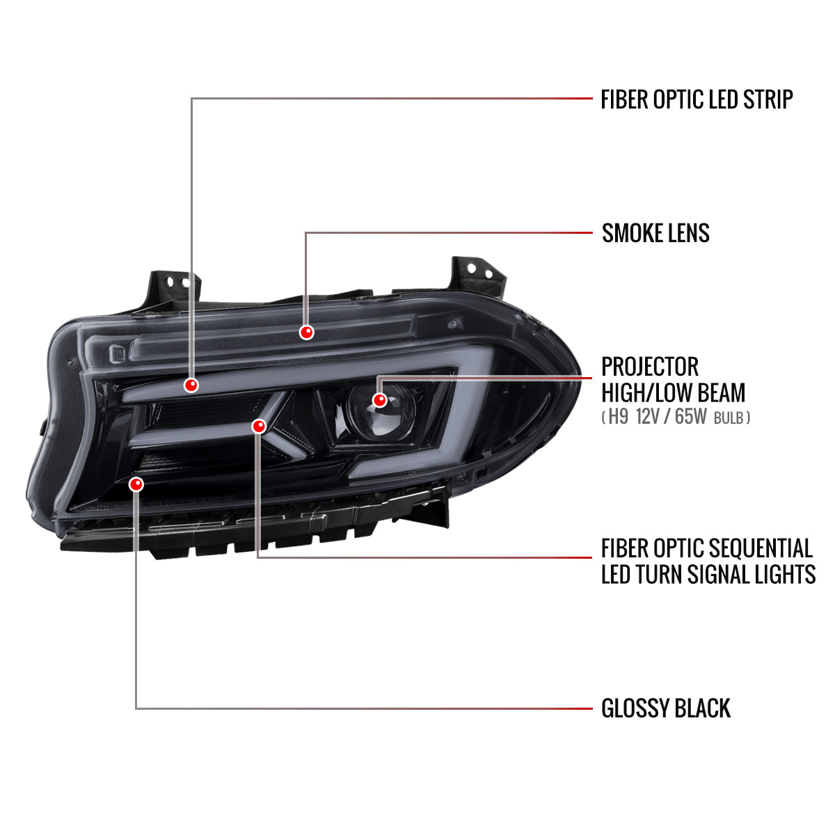 2015-2023 Dodge Charger LD LED Strip Projector Headlights w/ LED Sequential Turn Signal (Chrome Housing / Smoked Lens)