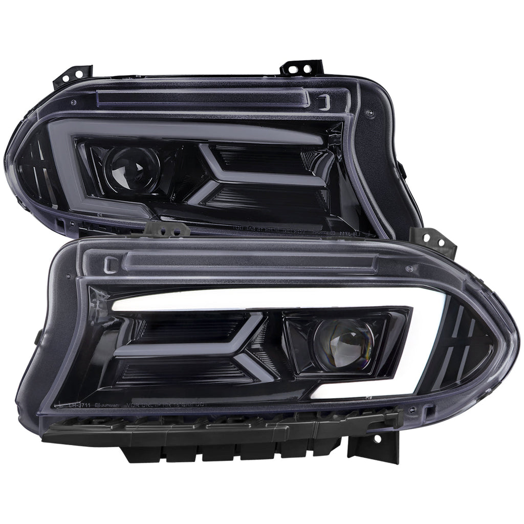 2015-2023 Dodge Charger LD LED Strip Projector Headlights w/ LED Sequential Turn Signal (Chrome Housing / Smoked Lens)