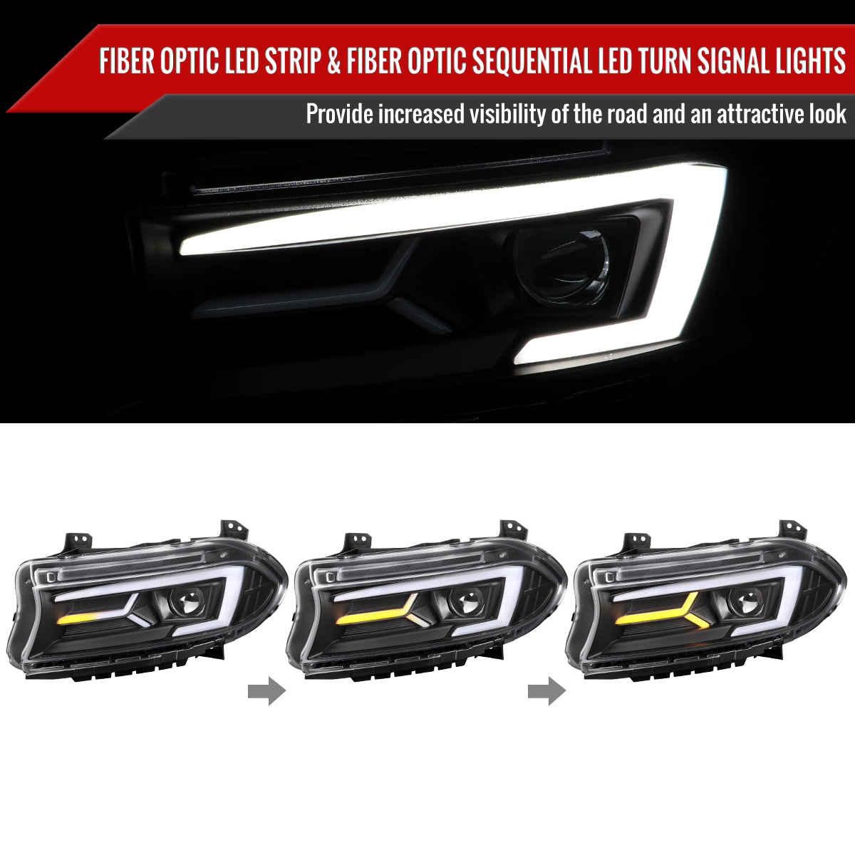 2015-2023 Dodge Charger LD LED Strip Projector Headlights w/ LED Sequential Turn Signal (Matte Black Housing / Clear Lens)
