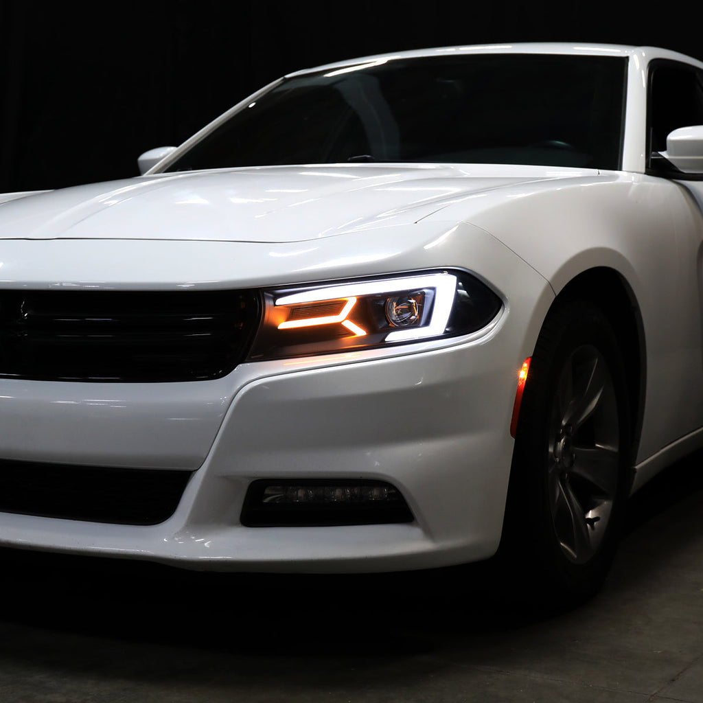 2015-2023 Dodge Charger LD LED Strip Projector Headlights w/ LED Sequential Turn Signal (Matte Black Housing / Clear Lens)