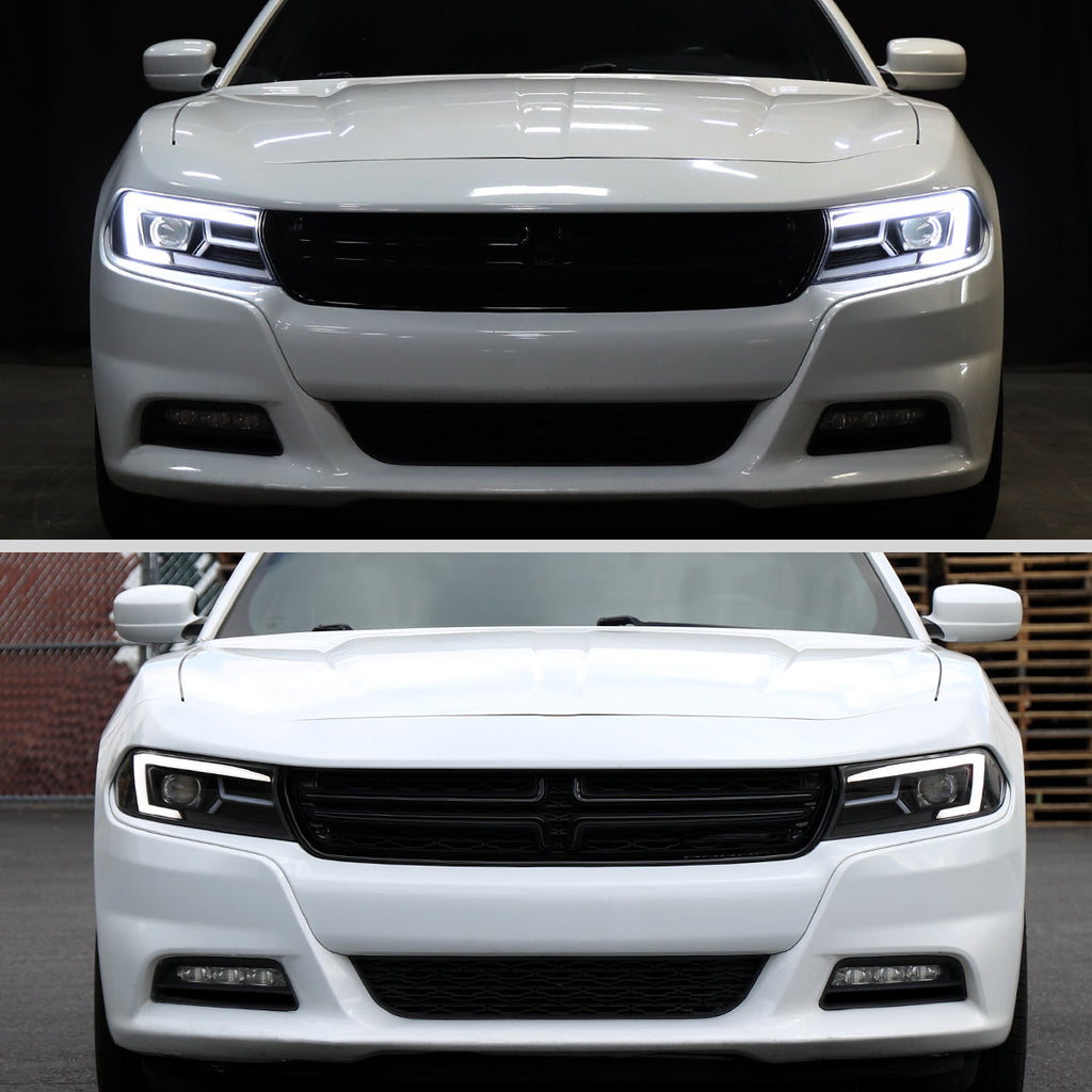2015-2023 Dodge Charger LD LED Strip Projector Headlights w/ LED Sequential Turn Signal (Matte Black Housing / Clear Lens)