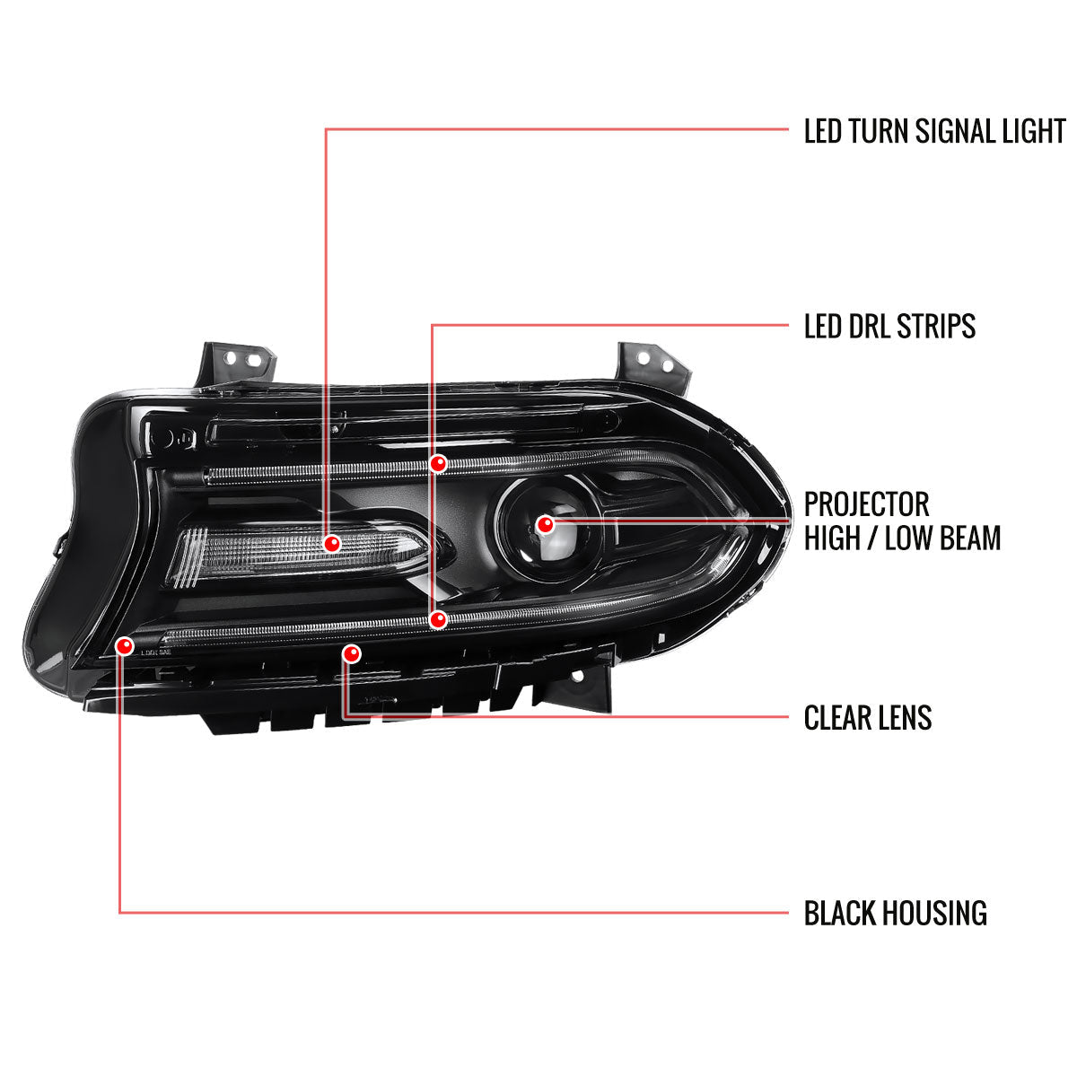 2015-2020 Dodge Charger LD Projector Headlights w/ LED C Strip & LED Turn Signal Lights (Black Housing / Clear Lens)