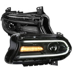 2015-2020 Dodge Charger LD Projector Headlights w/ LED C Strip & LED Turn Signal Lights (Black Housing / Clear Lens)