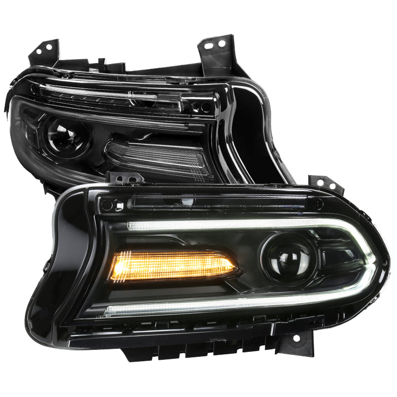 2015-2020 Dodge Charger LD Projector Headlights w/ LED C Strip & LED Turn Signal Lights (Black Housing / Clear Lens)