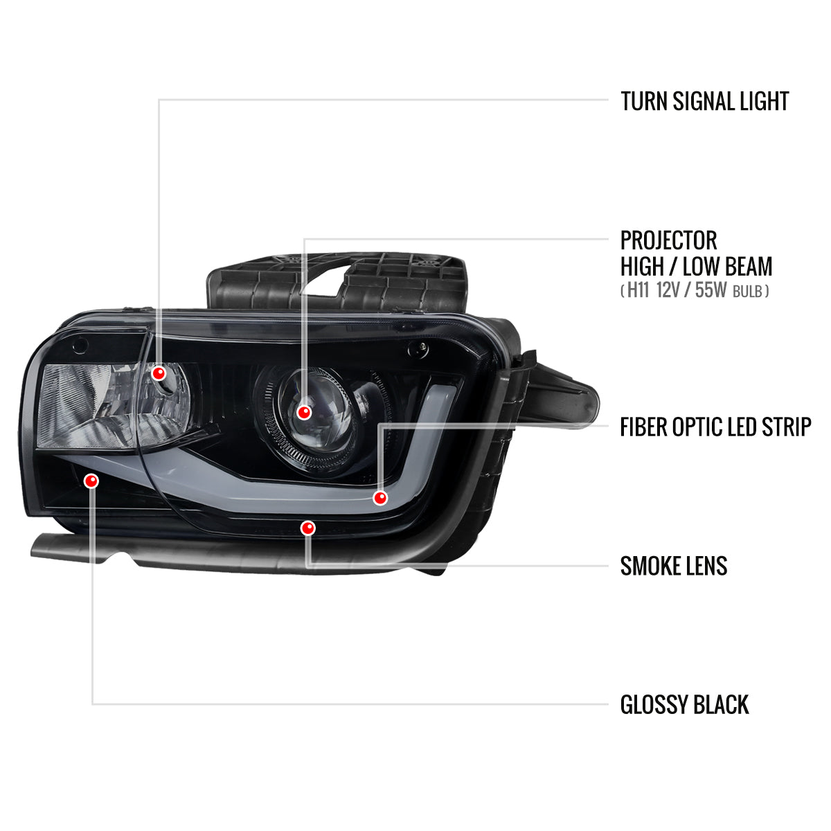 2010-2013 Chevrolet Camaro 5th Gen LED Bar Projector Headlights (Glossy Black Housing / Smoked Lens)