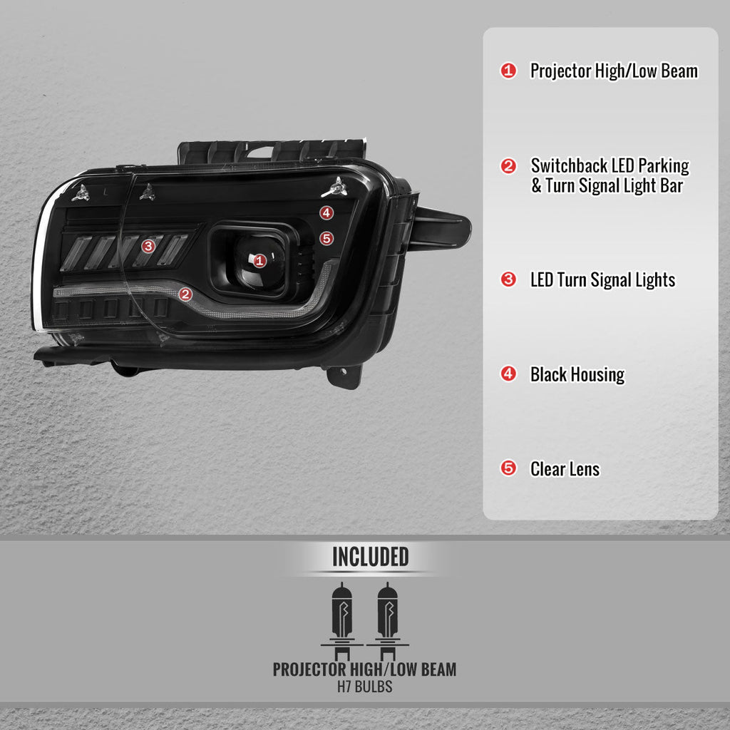 2010-2013 Chevrolet Camaro 5th Gen Projector Headlights w/ Switchback LED DRL (Matte Black Housing / Clear Lens)