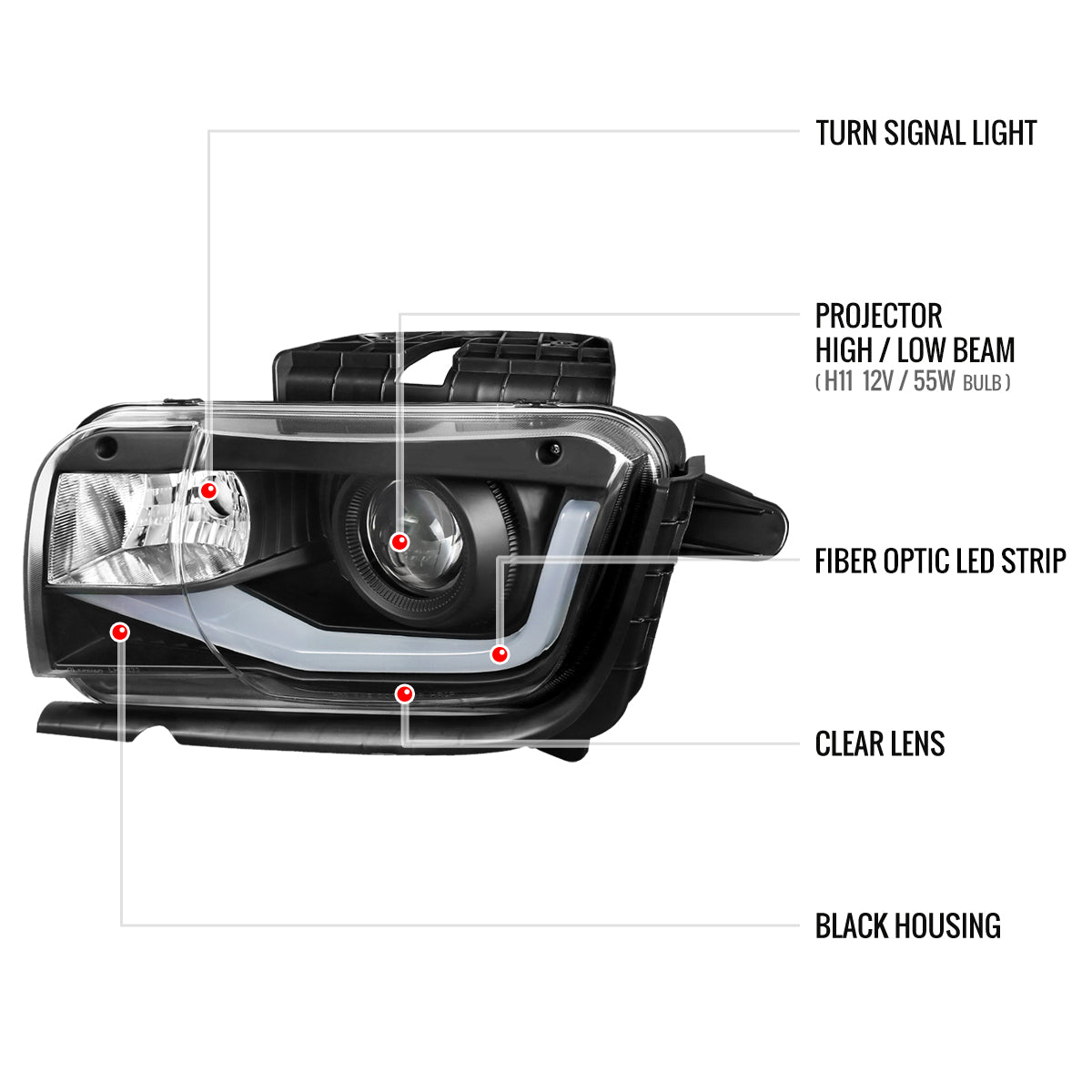 2010-2013 Chevrolet Camaro 5th Gen LED Bar Projector Headlights (Matte Black Housing / Clear Lens)