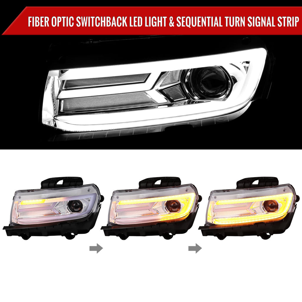 2014-2015 Chevrolet Camaro 5th Gen LED Strip Projector Headlights w/ Sequential Turn Signal Lights (Chrome Housing / Clear Lens)