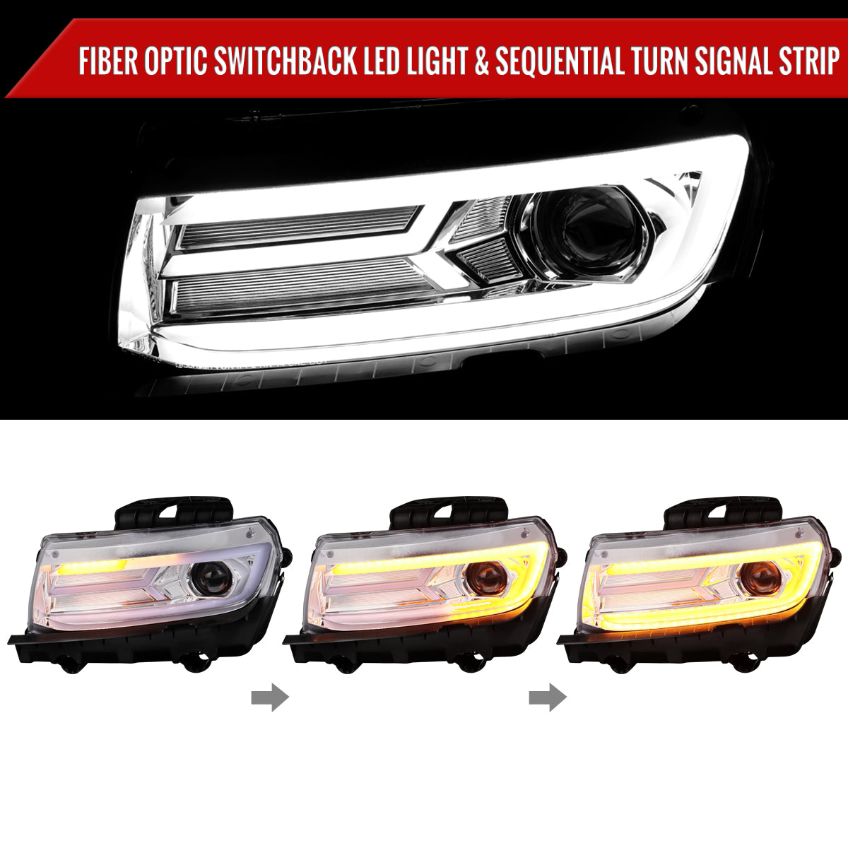 2014-2015 Chevrolet Camaro 5th Gen LED Strip Projector Headlights w/ Sequential Turn Signal Lights (Chrome Housing / Clear Lens)