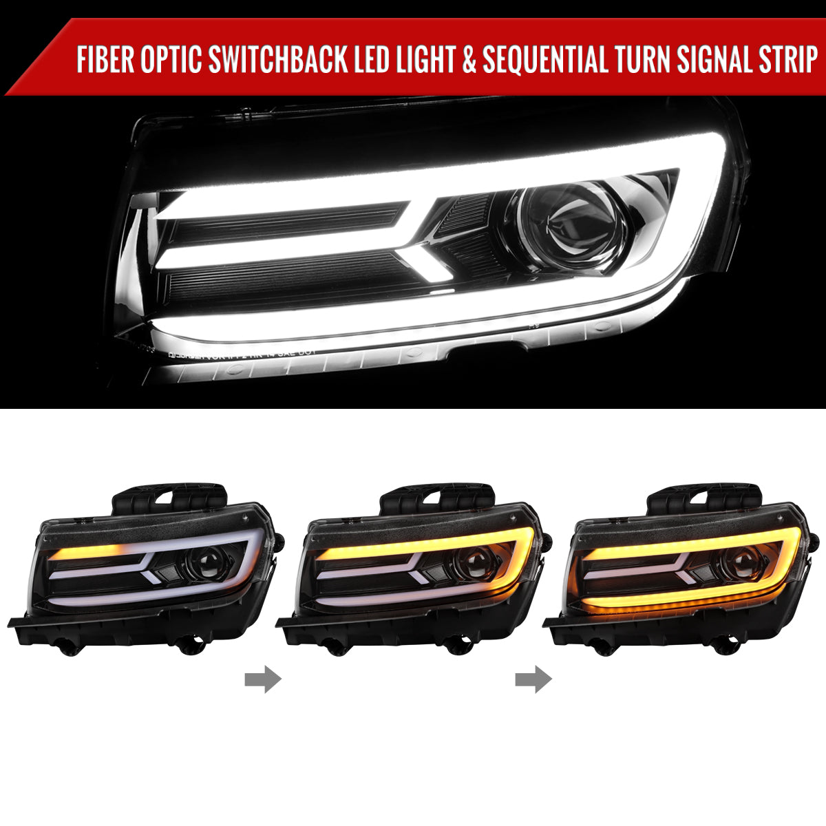 2014-2015 Chevrolet Camaro 5th Gen LED Strip Projector Headlights w/ Sequential Turn Signal Lights (Glossy Black Housing / Clear Lens)