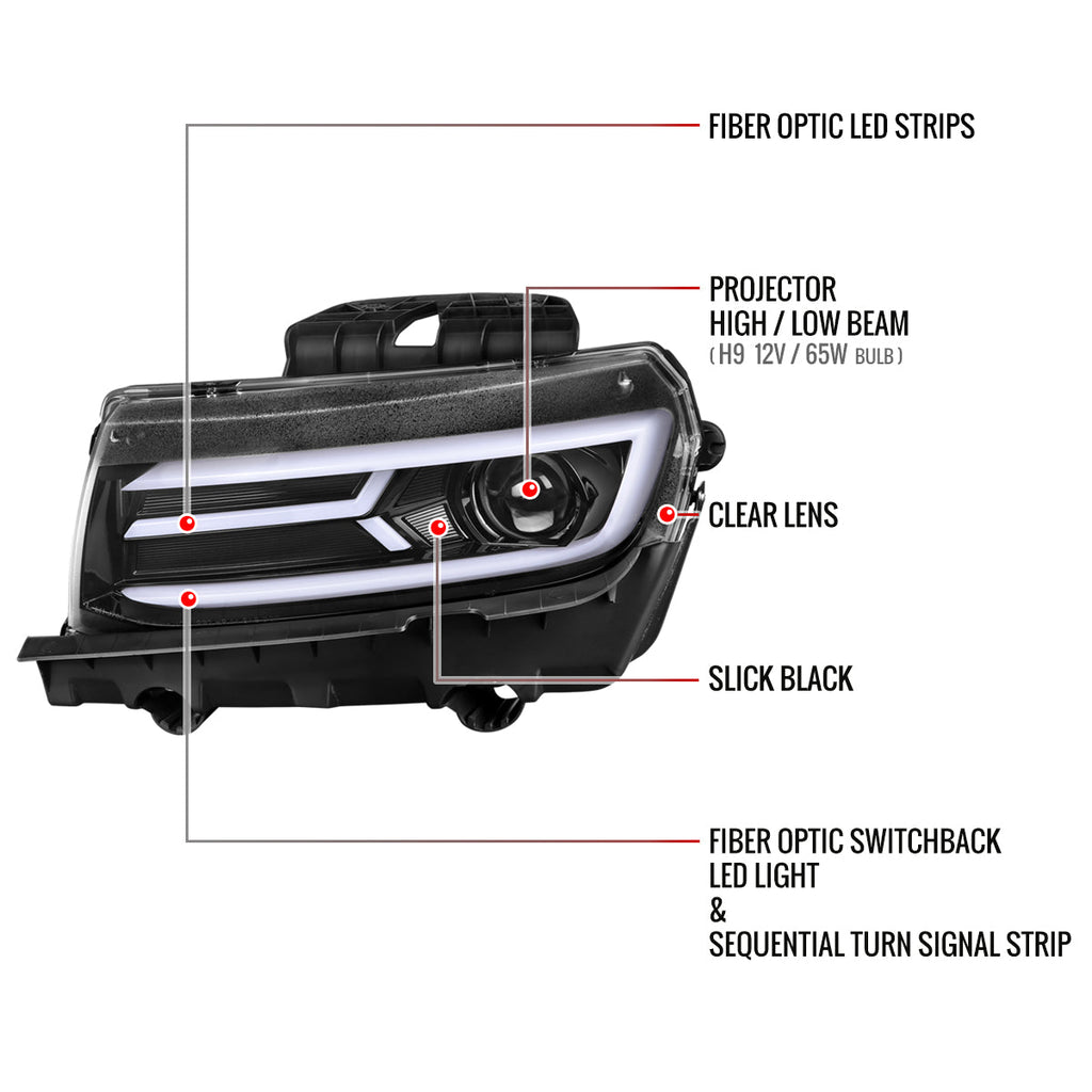 2014-2015 Chevrolet Camaro 5th Gen LED Strip Projector Headlights w/ Sequential Turn Signal Lights (Glossy Black Housing / Clear Lens)