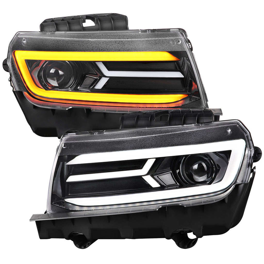 2014-2015 Chevrolet Camaro 5th Gen LED Strip Projector Headlights w/ Sequential Turn Signal Lights (Glossy Black Housing / Clear Lens)
