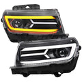 2014-2015 Chevrolet Camaro 5th Gen LED Strip Projector Headlights w/ Sequential Turn Signal Lights (Glossy Black Housing / Clear Lens)
