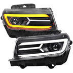 2014-2015 Chevrolet Camaro 5th Gen LED Strip Projector Headlights w/ Sequential Turn Signal Lights (Glossy Black Housing / Clear Lens)