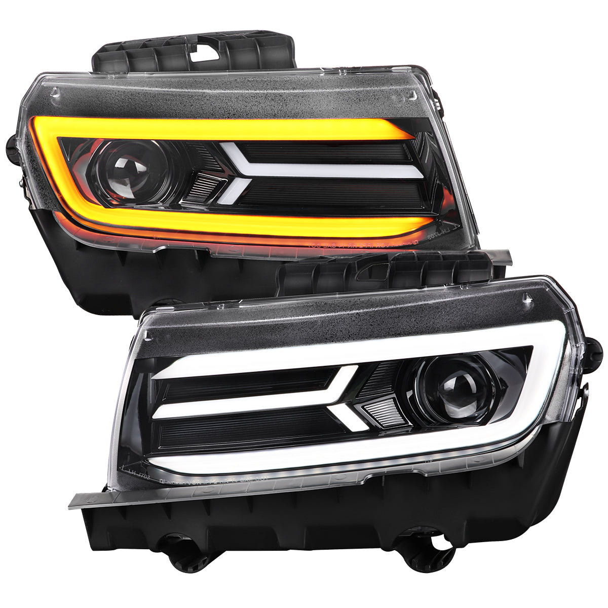 2014-2015 Chevrolet Camaro 5th Gen LED Strip Projector Headlights w/ Sequential Turn Signal Lights (Glossy Black Housing / Clear Lens)