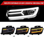 2014-2015 Chevrolet Camaro 5th Gen LED Strip Projector Headlights w/ Sequential Turn Signal Lights (Glossy Black Housing / Smoked Lens)