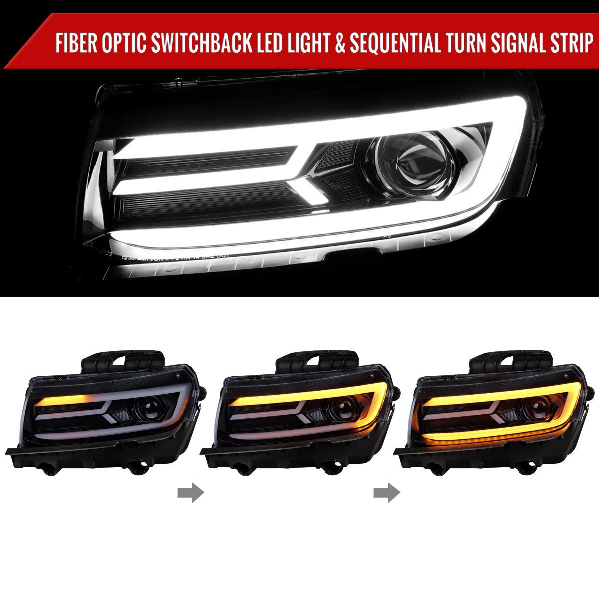 2014-2015 Chevrolet Camaro 5th Gen LED Strip Projector Headlights w/ Sequential Turn Signal Lights (Glossy Black Housing / Smoked Lens)