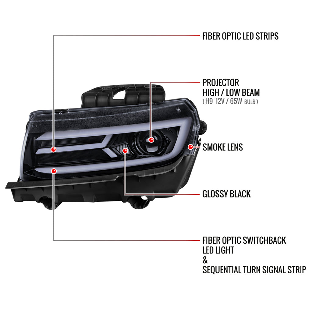 2014-2015 Chevrolet Camaro 5th Gen LED Strip Projector Headlights w/ Sequential Turn Signal Lights (Glossy Black Housing / Smoked Lens)