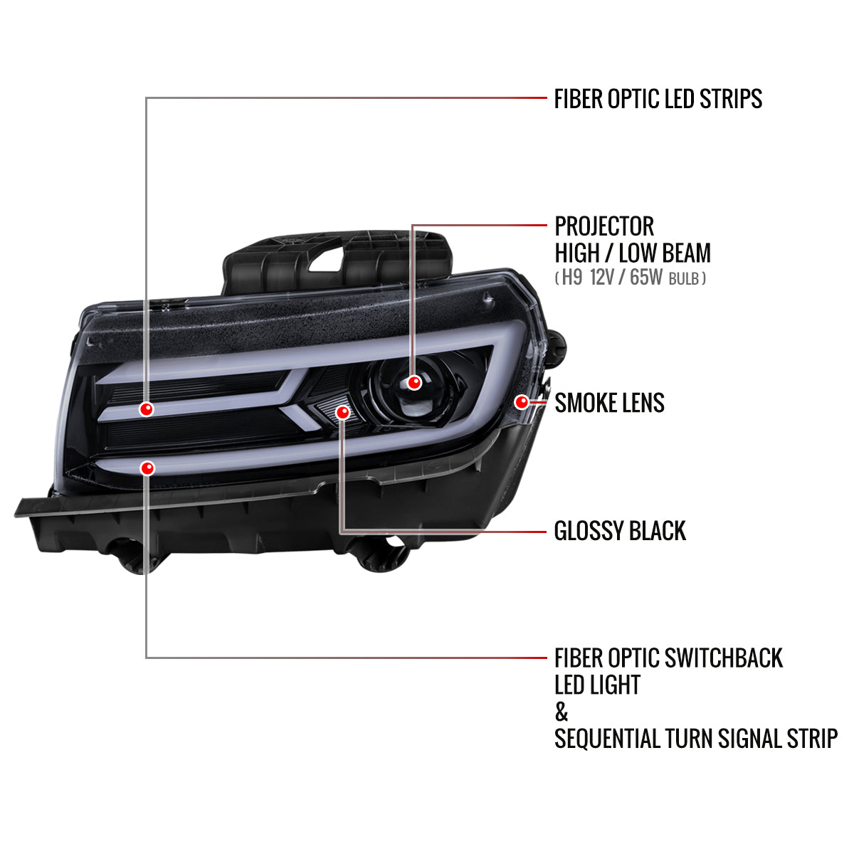 2014-2015 Chevrolet Camaro 5th Gen LED Strip Projector Headlights w/ Sequential Turn Signal Lights (Glossy Black Housing / Smoked Lens)