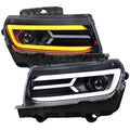 2014-2015 Chevrolet Camaro 5th Gen LED Strip Projector Headlights w/ Sequential Turn Signal Lights (Glossy Black Housing / Smoked Lens)
