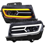 2014-2015 Chevrolet Camaro 5th Gen LED Strip Projector Headlights w/ Sequential Turn Signal Lights (Glossy Black Housing / Smoked Lens)