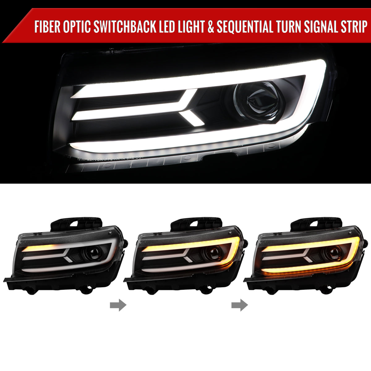 2014-2015 Chevrolet Camaro 5th Gen LED Strip Projector Headlights w/ Sequential Turn Signal Lights (Matte Black Housing / Clear Lens)