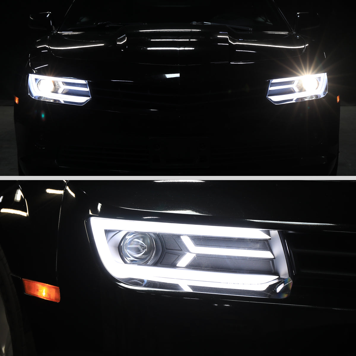 2014-2015 Chevrolet Camaro 5th Gen LED Strip Projector Headlights w/ Sequential Turn Signal Lights (Matte Black Housing / Clear Lens)