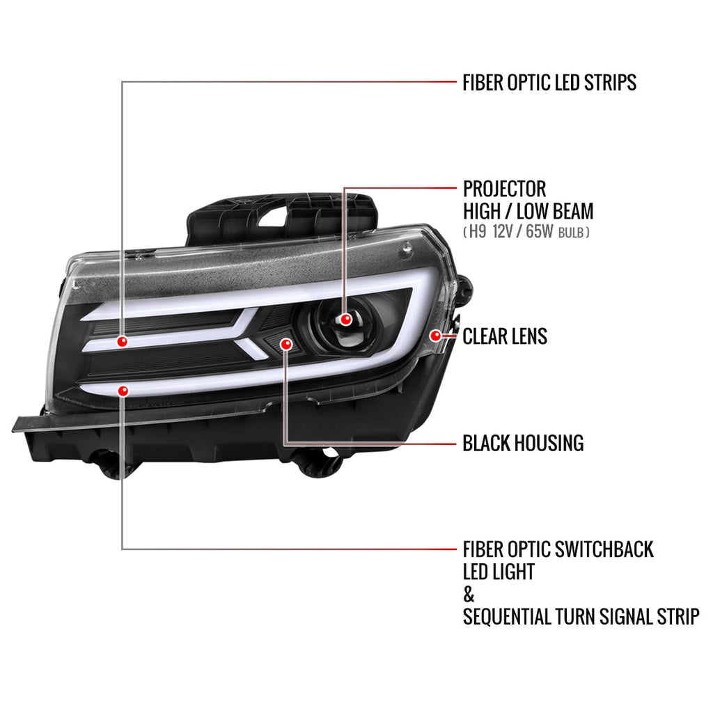 2014-2015 Chevrolet Camaro 5th Gen LED Strip Projector Headlights w/ Sequential Turn Signal Lights (Matte Black Housing / Clear Lens)