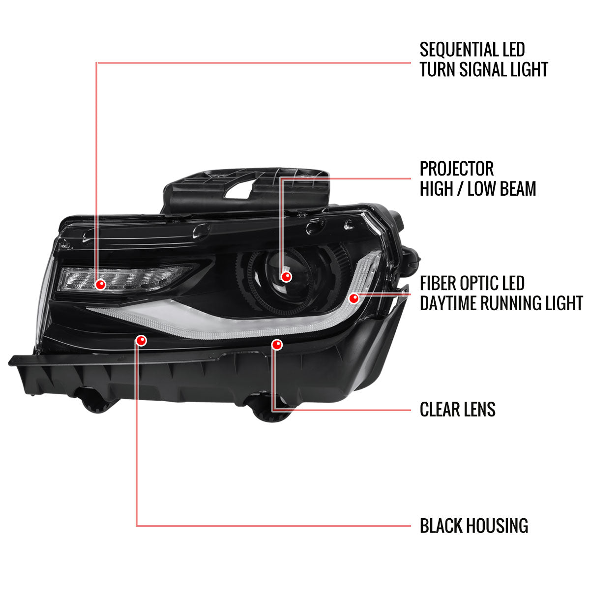 2014-2015 Chevrolet Camaro 5th Gen LED Strip D2H Xenon Projector Headlights w/ Sequential Turn Signal Lights (Black Housing / Clear Lens)