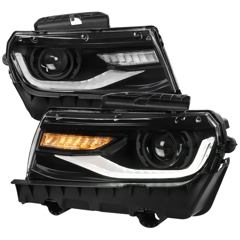 2014-2015 Chevrolet Camaro 5th Gen LED Strip D2H Xenon Projector Headlights w/ Sequential Turn Signal Lights (Black Housing / Clear Lens)