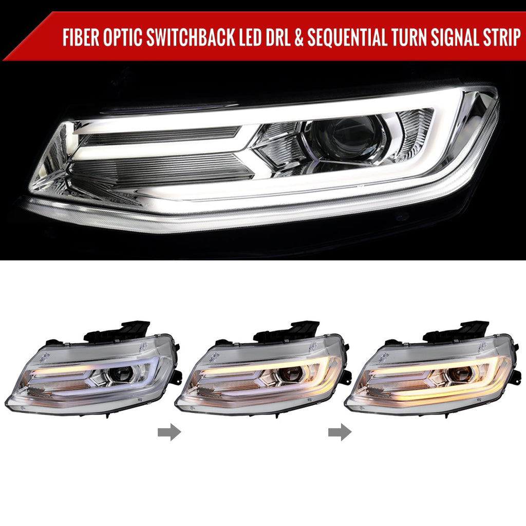 2016-2018 Chevrolet Camaro 6th Gen LED Strip Projector Headlights w/ Sequential Turn Signal Lights (Chrome Housing / Clear Lens)
