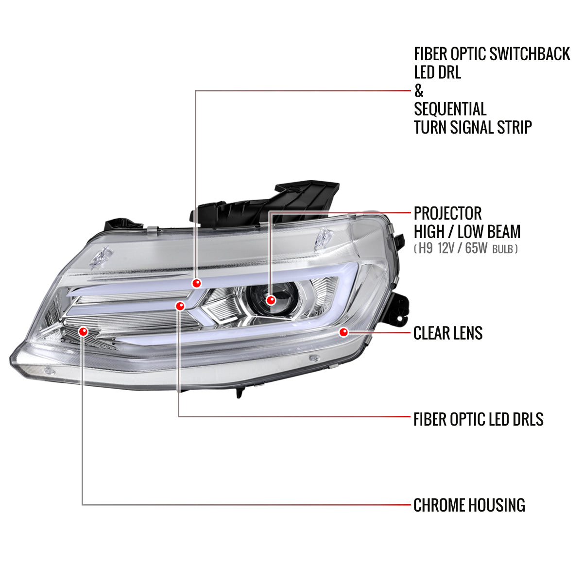 2016-2018 Chevrolet Camaro 6th Gen LED Strip Projector Headlights w/ Sequential Turn Signal Lights (Chrome Housing / Clear Lens)