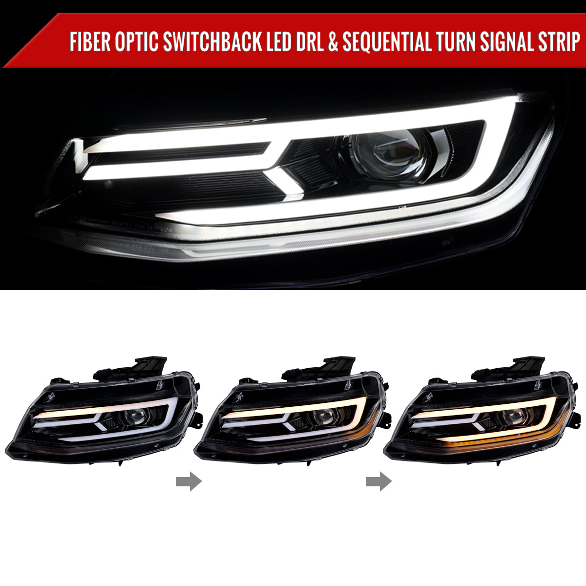 2016-2018 Chevrolet Camaro 6th Gen LED Strip Projector Headlights w/ Sequential Turn Signal Lights (Glossy Black Housing / Clear Lens)
