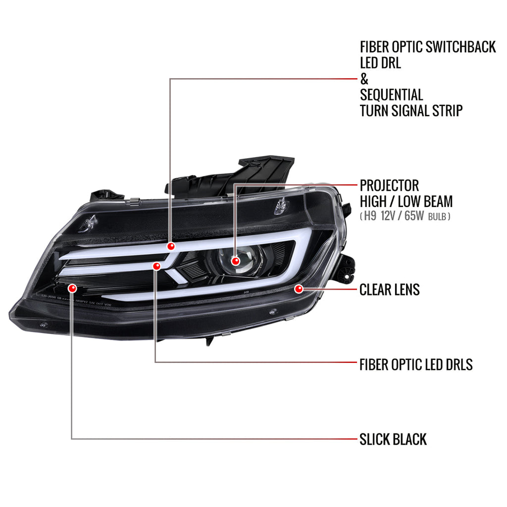 2016-2018 Chevrolet Camaro 6th Gen LED Strip Projector Headlights w/ Sequential Turn Signal Lights (Glossy Black Housing / Clear Lens)