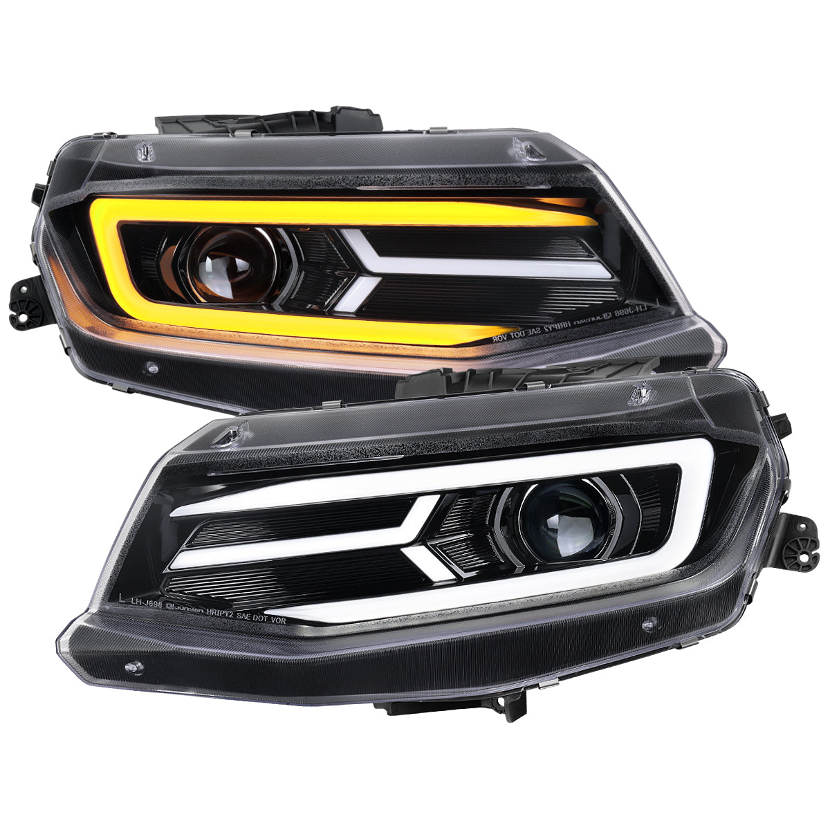 2016-2018 Chevrolet Camaro 6th Gen LED Strip Projector Headlights w/ Sequential Turn Signal Lights (Glossy Black Housing / Clear Lens)