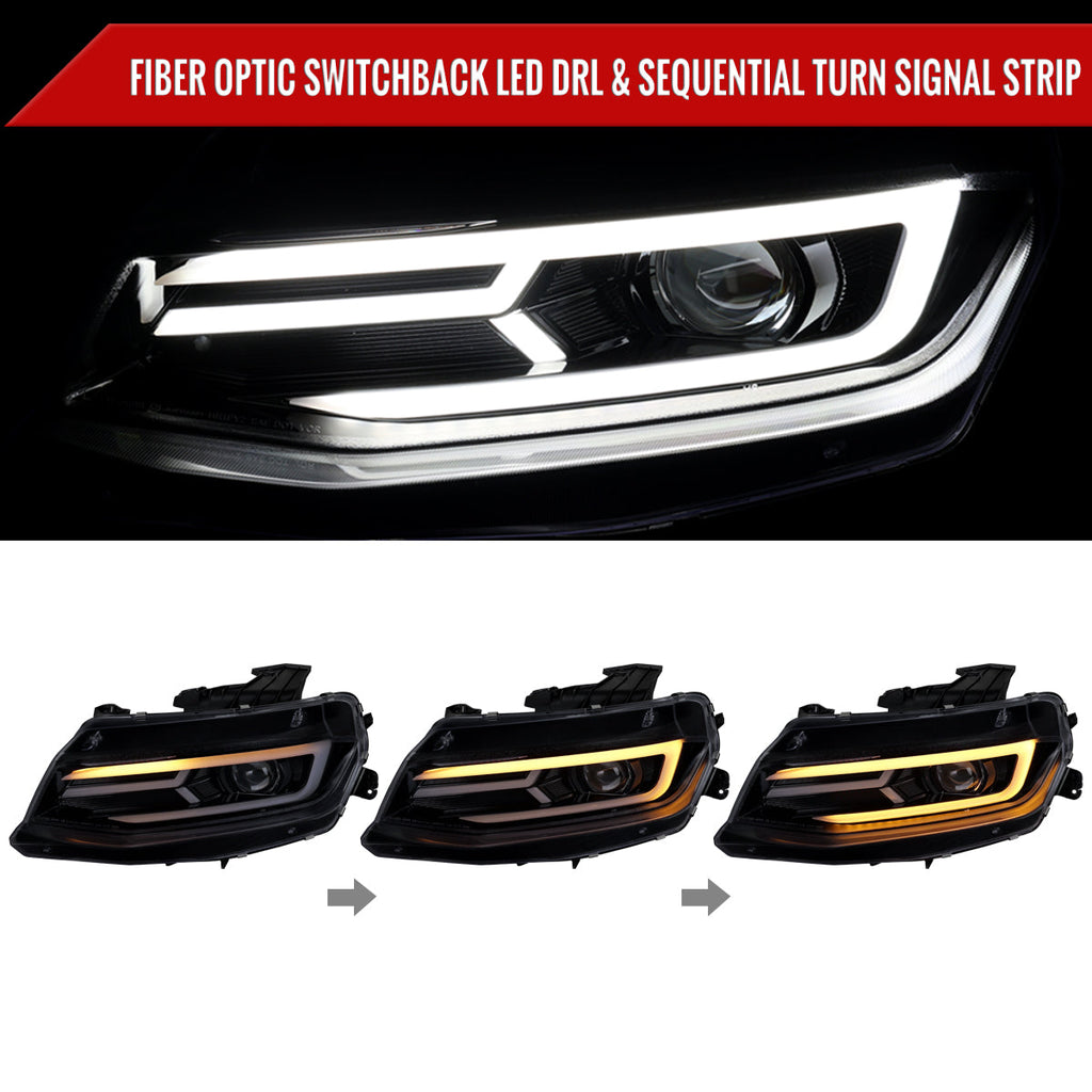 2016-2018 Chevrolet Camaro 6th Gen LED Strip Projector Headlights w/ Sequential Turn Signal Lights (Chrome Housing / Smoked Lens)