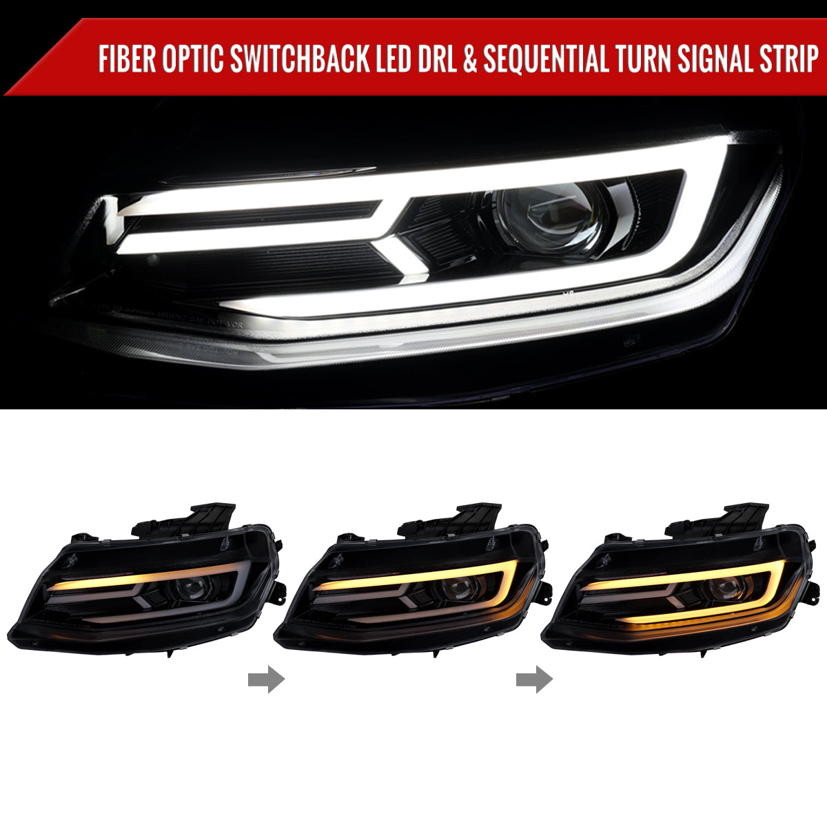 2016-2018 Chevrolet Camaro 6th Gen LED Strip Projector Headlights w/ Sequential Turn Signal Lights (Chrome Housing / Smoked Lens)