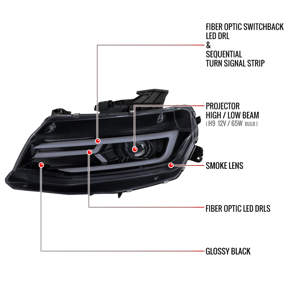 2016-2018 Chevrolet Camaro 6th Gen LED Strip Projector Headlights w/ Sequential Turn Signal Lights (Chrome Housing / Smoked Lens)