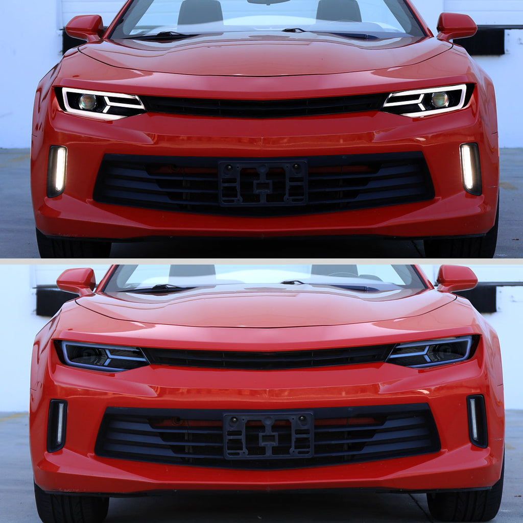 2016-2018 Chevrolet Camaro 6th Gen LED Strip Projector Headlights w/ Sequential Turn Signal Lights (Chrome Housing / Smoked Lens)