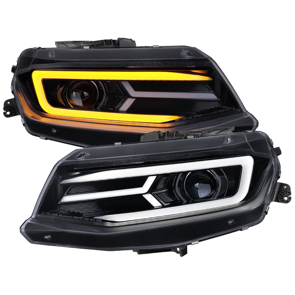 2016-2018 Chevrolet Camaro 6th Gen LED Strip Projector Headlights w/ Sequential Turn Signal Lights (Chrome Housing / Smoked Lens)