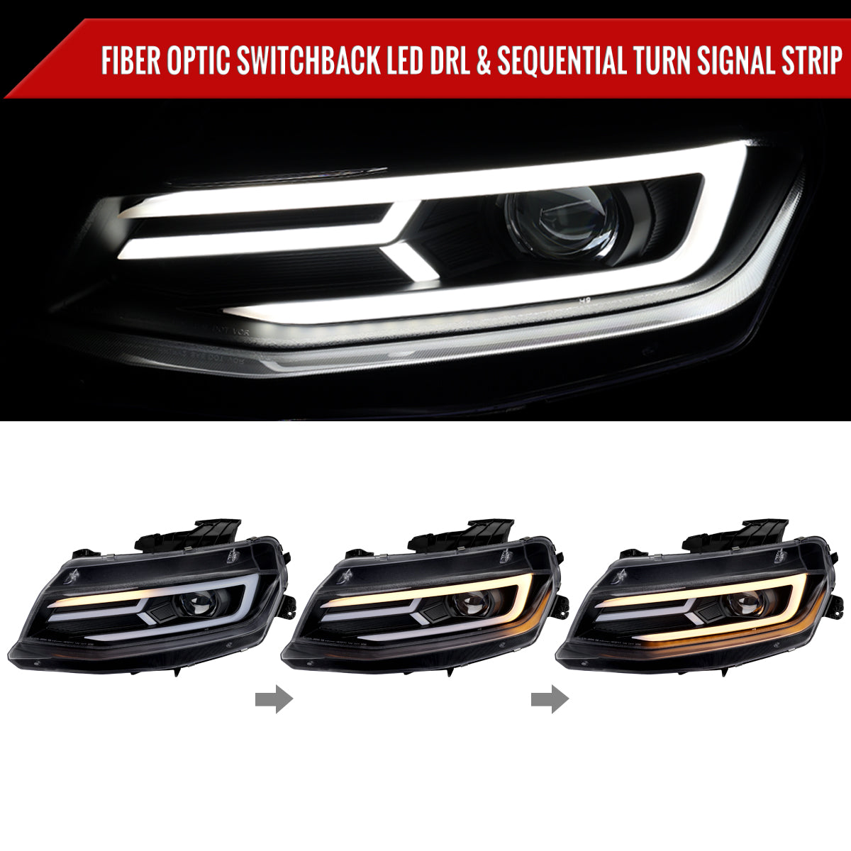 2016-2018 Chevrolet Camaro 6th Gen LED Strip Projector Headlights w/ Sequential Turn Signal Lights (Matte Black Housing / Clear Lens)
