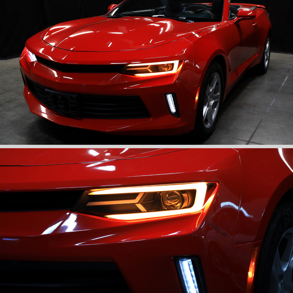 2016-2018 Chevrolet Camaro 6th Gen LED Strip Projector Headlights w/ Sequential Turn Signal Lights (Matte Black Housing / Clear Lens)