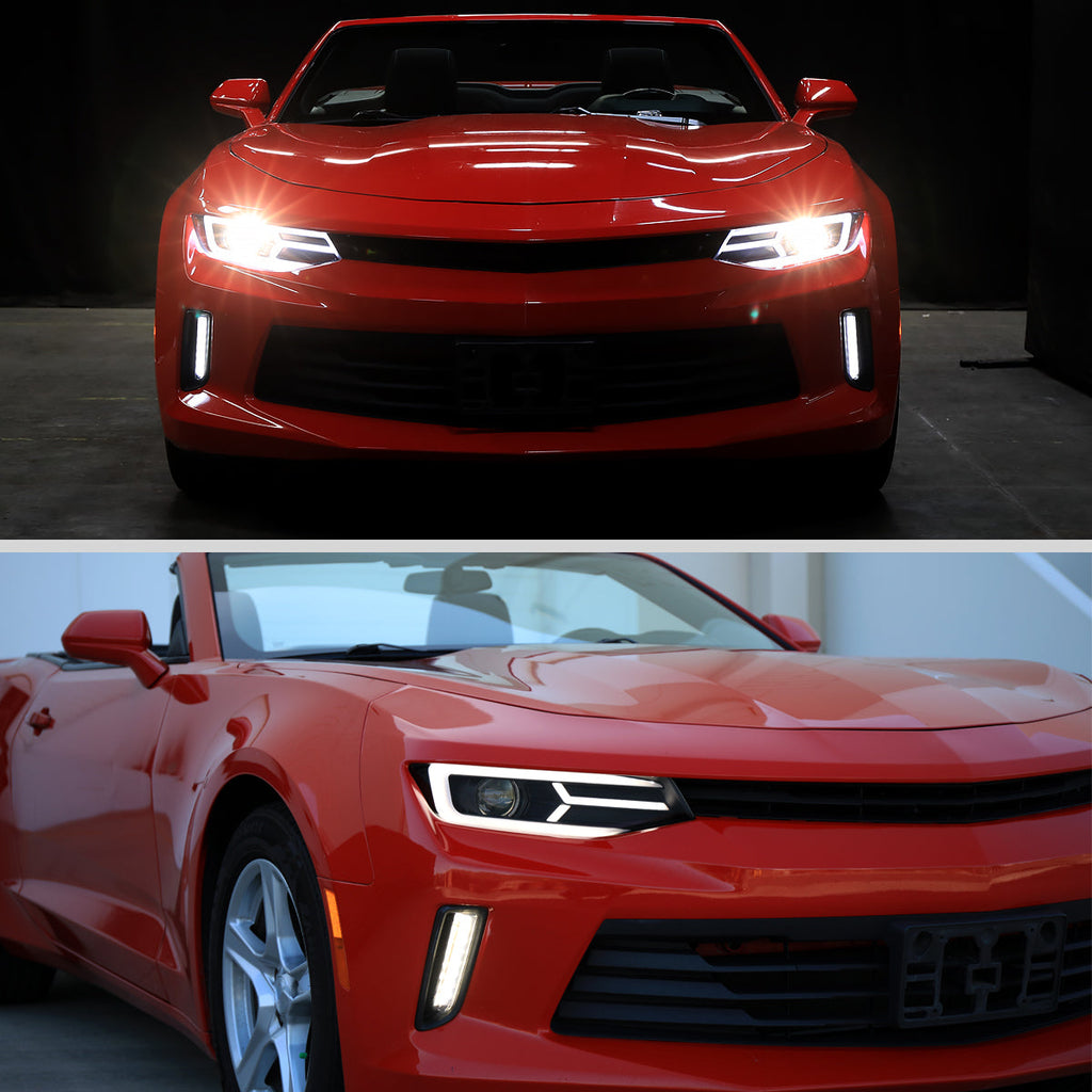 2016-2018 Chevrolet Camaro 6th Gen LED Strip Projector Headlights w/ Sequential Turn Signal Lights (Matte Black Housing / Clear Lens)